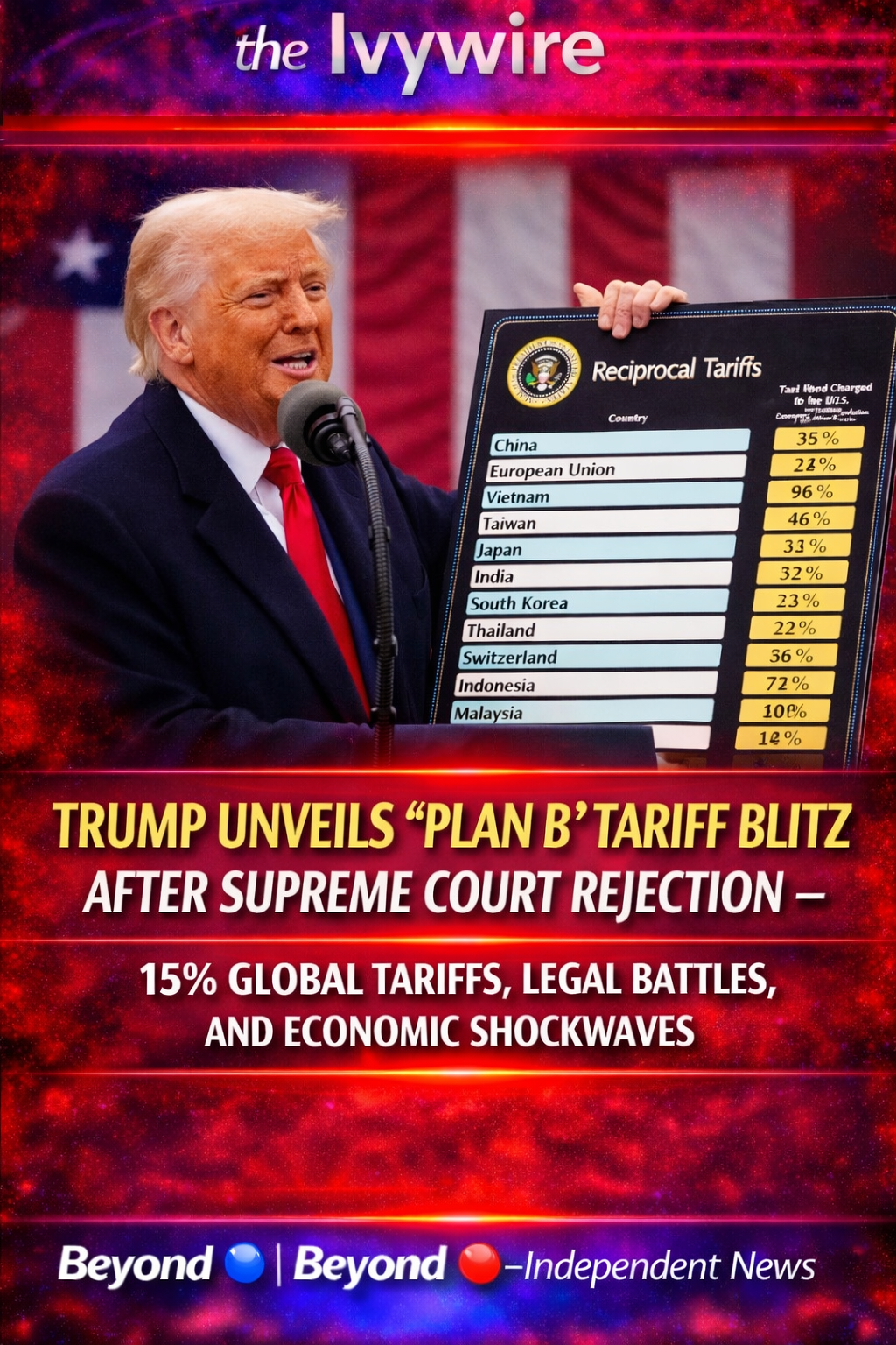 Trump Unveils “Plan B” Tariff Blitz After Supreme Court Rejection — 15% Global Tariffs, Legal Battles, and Economic Shockwaves